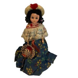 Vtg Hispanic Folk Art Doll Traditional Floral Dress Straw Hat 8" Flutter Eyes